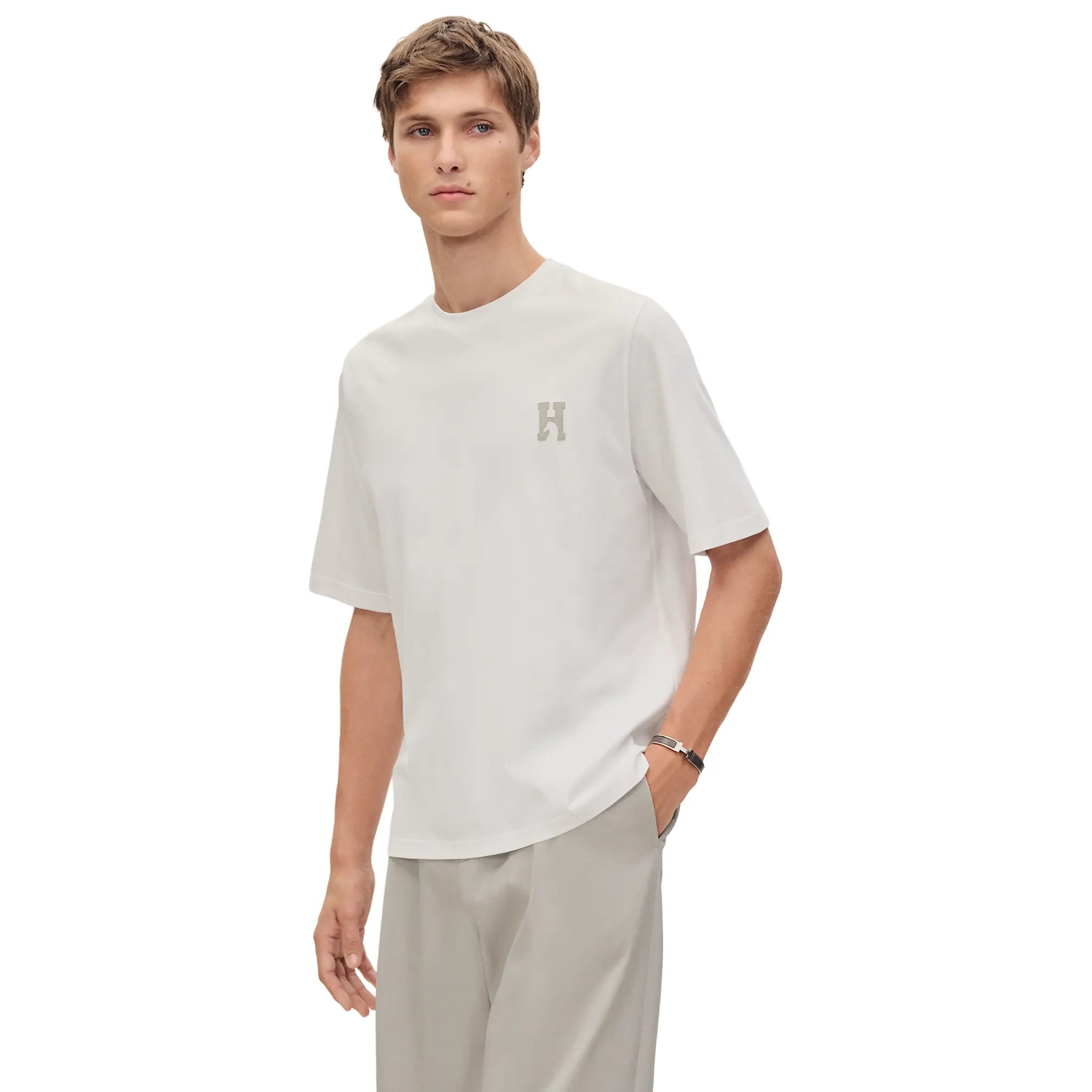 Front View of Hermes Paris H'Cheval With Leather Patch Blanc T-Shirt H657800HA90LA